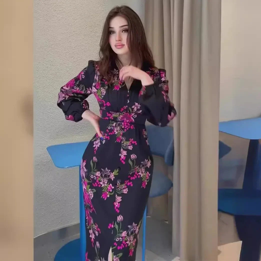 New Women's Clothing. Retro Printed Long Dress with A V-neck. Waist-cinching, Slit Design and Slimming Long Dress for Women. — image 3