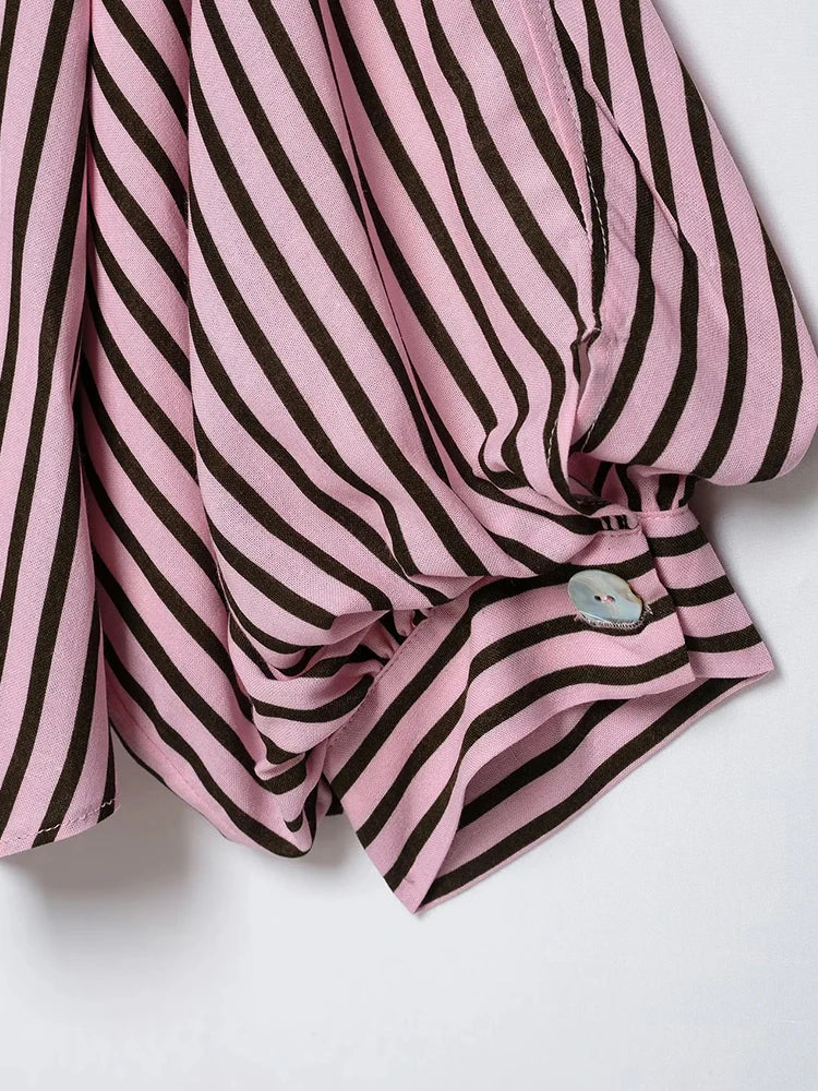 Women Striped Shirts For Women Vintage Elegant Puff Sleeve Summer New High Street Clothes Leisure Single-breasted Lapel Blouse — image 5