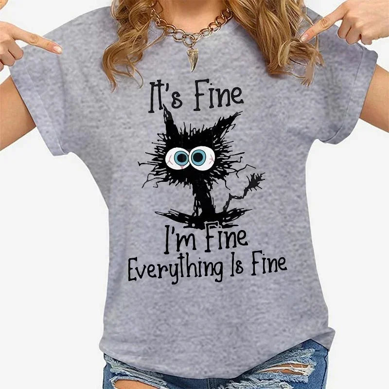 Women Clothes Cat It's Fine I'm Fine Everything Is Fine Print T-shirts Summer Casual  Fashion Personalized Woman Clothing — image 1