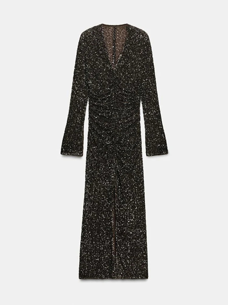 Women's Party Dress Sexy Deep V-neck Sequins Split Full Sleeve Hip Package Dressess Female 2025 Autumn Woman Evening Vestidos — image 6