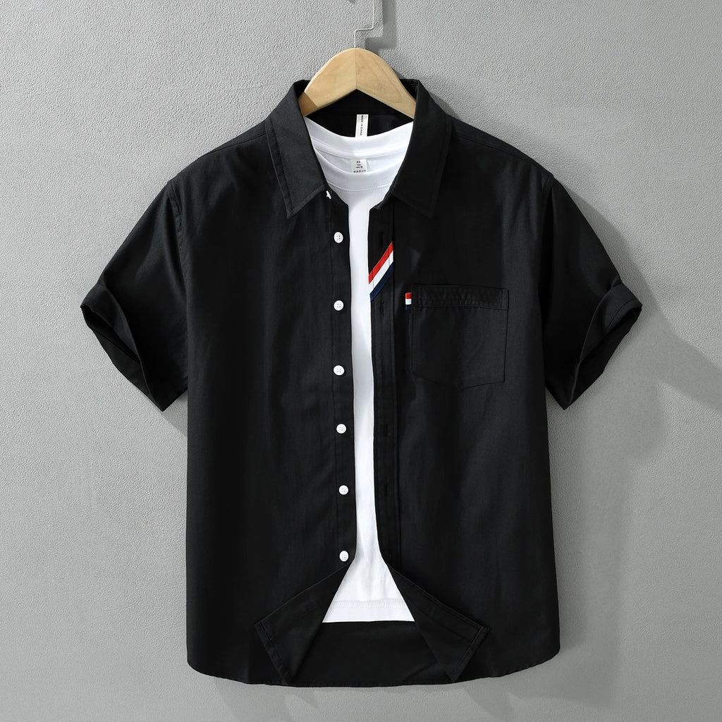 Men's 100% Cotton Short-Sleeve Shirt – Classic Turn-Down Collar, Slim Fit with Chest Pocket & Striped Detail — image 7