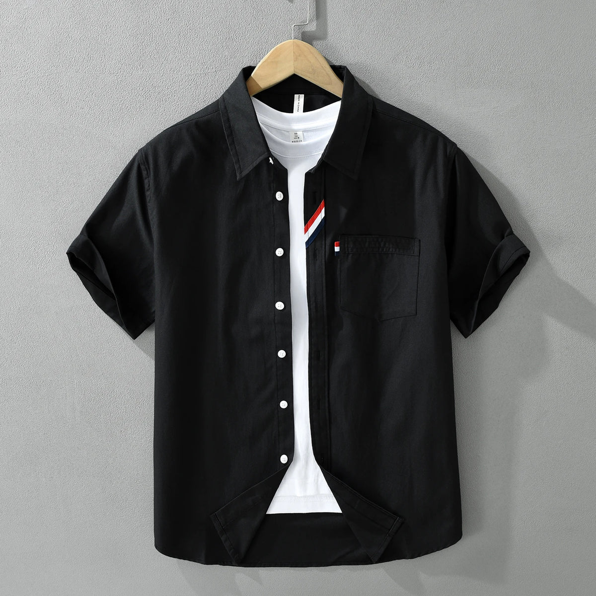 Men's 100% Cotton Short-Sleeve Shirt – Classic Turn-Down Collar, Slim Fit with Chest Pocket & Striped Detail — image 7