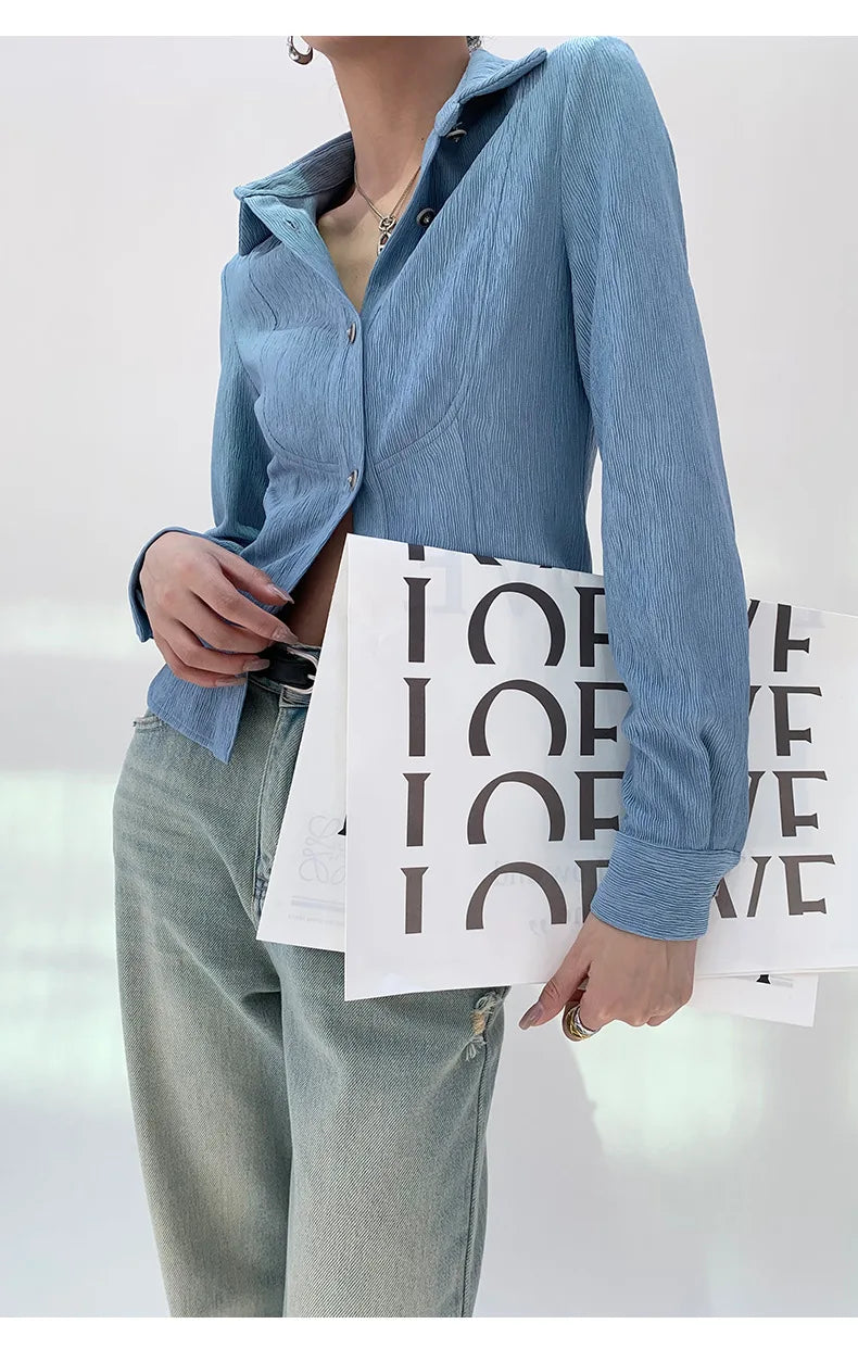 Women's clothing 2025 spring new style temperament lapel slim fit waist cinched long sleeved denim jacket shirt — image 2