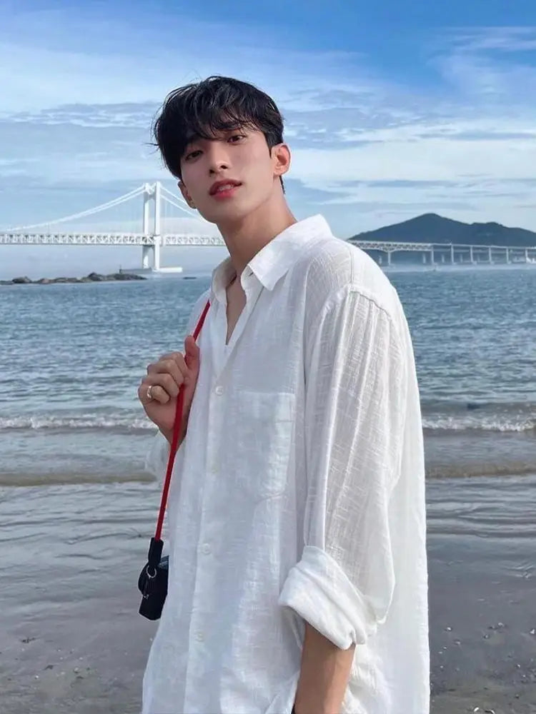 Men's Shirt Premium Thin White Loose Breathable Shirt Loose Long Sleeve Sun Protection Tees Lightweight Vacation Pockets Shirts — image 11