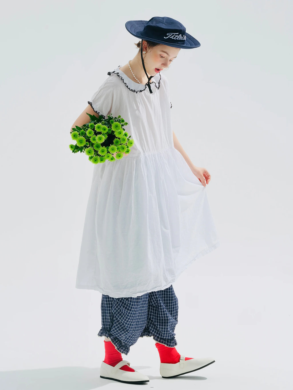 Female clothing women's dresses for woman White Peter‑Pan Collar  Ruffle Trim Loose‑Fit Flowy A‑Line Casual Midi Ladies Dress — image 4