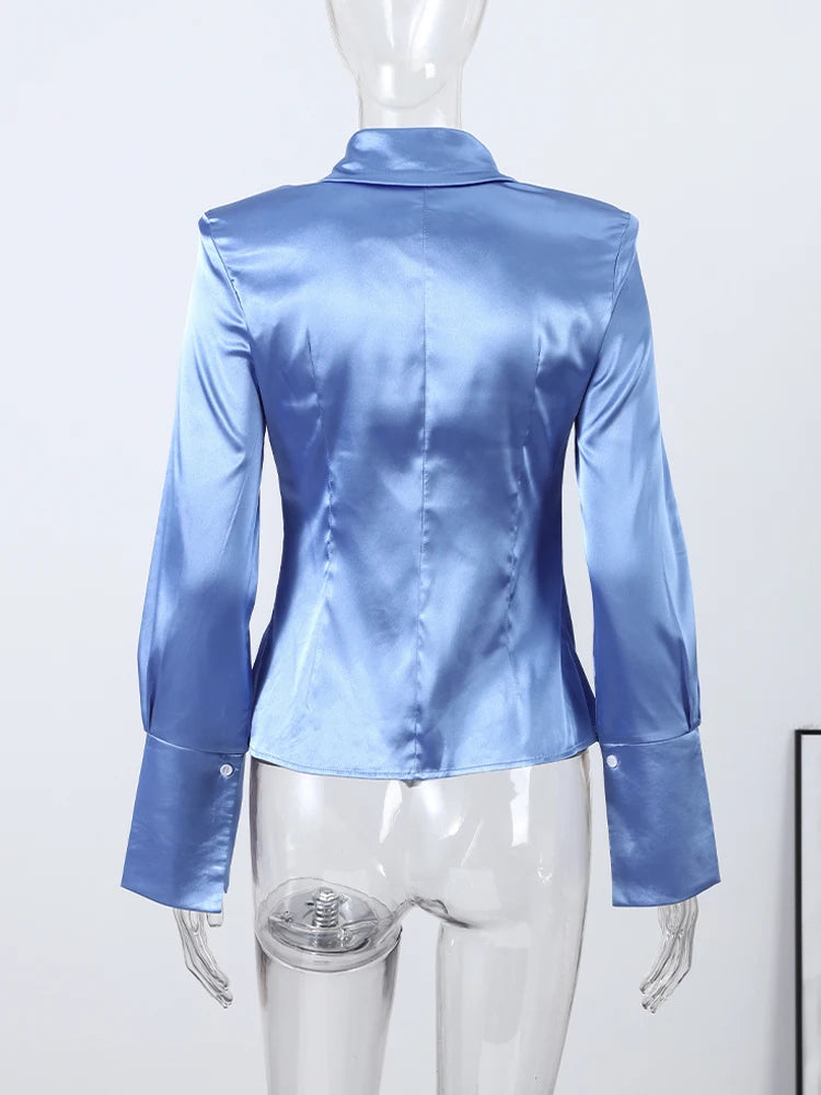Women's Shirts Lapel Waist Cinching Single Breasted Satin Blouses Spring Female Long Sleeve Slim Tops Chic Ladies Club Partywear — image 12