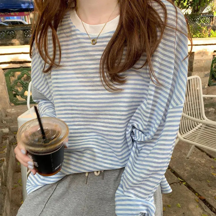 Women's Clothing  Casual T Shirt Summer 2025 Long-sleeved Fashion Korean Style Loose Striped Sunscreen Casual T Shirt — image 5