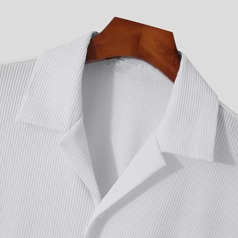 New Men Shirts Short Sleeve Turn-down Collar Casual Tops Spring Summer Fashion Solid Rib Loose Shirt For Men Clothing Streetwear — image 5