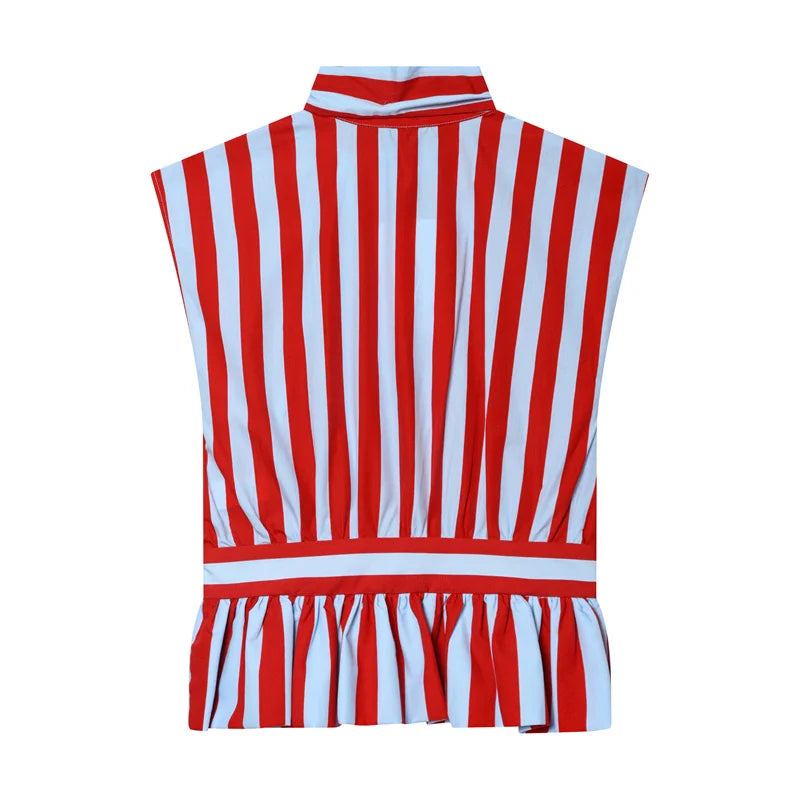 Women's Shirt 2026 New Summer Fitted Waist Bowknot Sleeveless Striped Shirt for Women Elegant Chic Personality Ladies Shirt — image 17