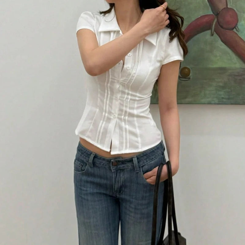 2026 New Short Sleeve Shirts for Women Slim Turn Down Collar Single Breasted Sexy Tops Fashion Versatile Personality Chic Shirt — image 3