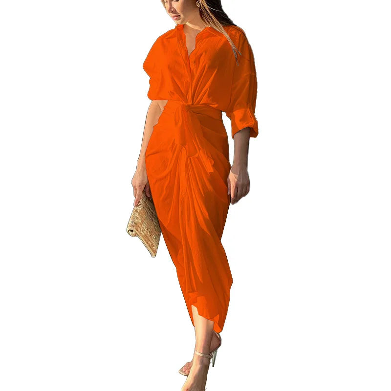 Women's Clothing 2025 Summer New Fashion Solid Color Long-sleeved Medium and Long Shirt Dress — image 4