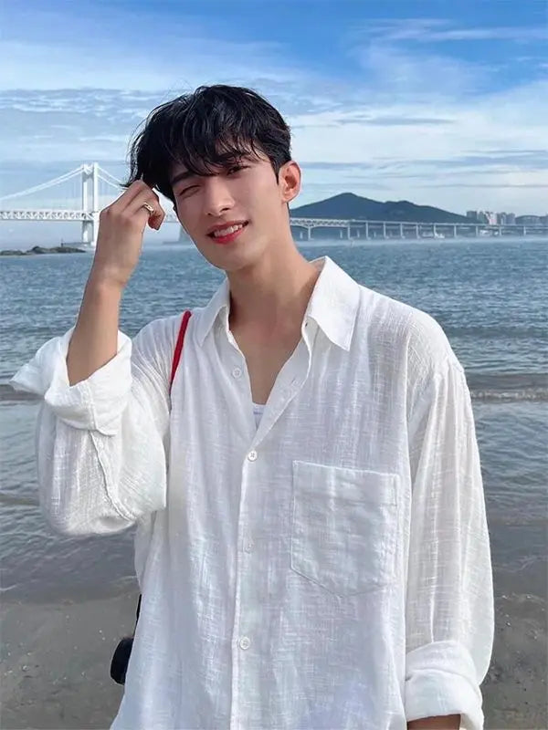 Men's Shirt Premium Thin White Loose Breathable Shirt Loose Long Sleeve Sun Protection Tees Lightweight Vacation Pockets Shirts — image 7