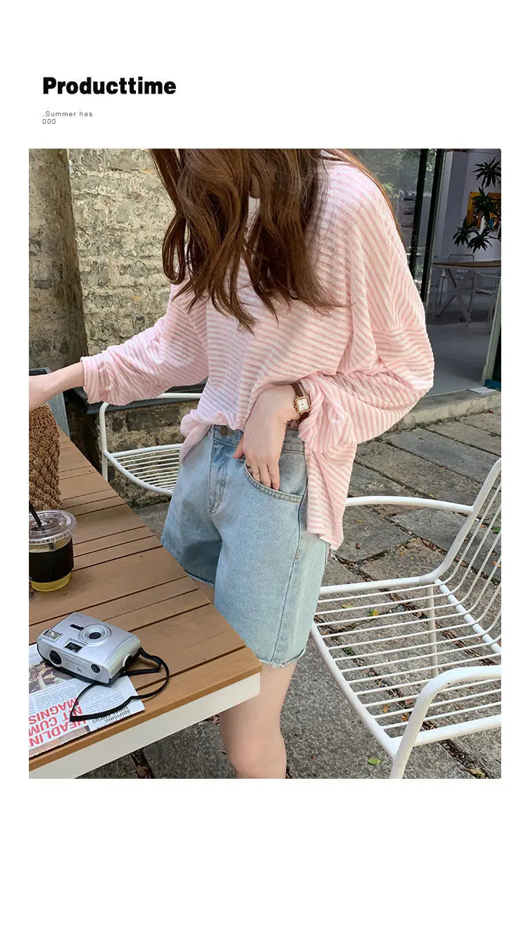 Women's Clothing  Casual T Shirt Summer 2025 Long-sleeved Fashion Korean Style Loose Striped Sunscreen Casual T Shirt — image 13