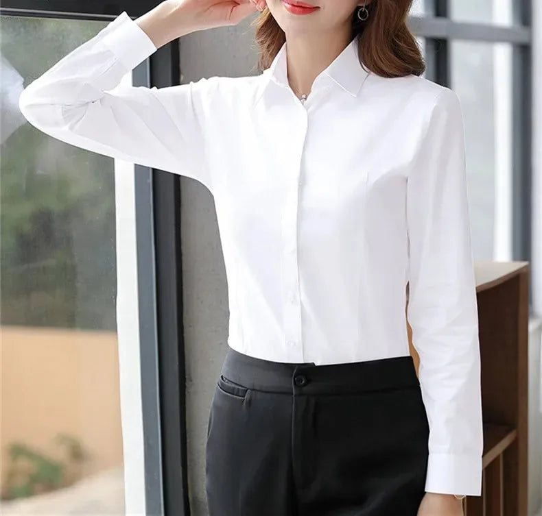 Elegant Women Shirts Woman White Shirt Long Sleeve Blouse Office Lady business Pink Shirts Button Solid Women work Blouses Tops — image 6