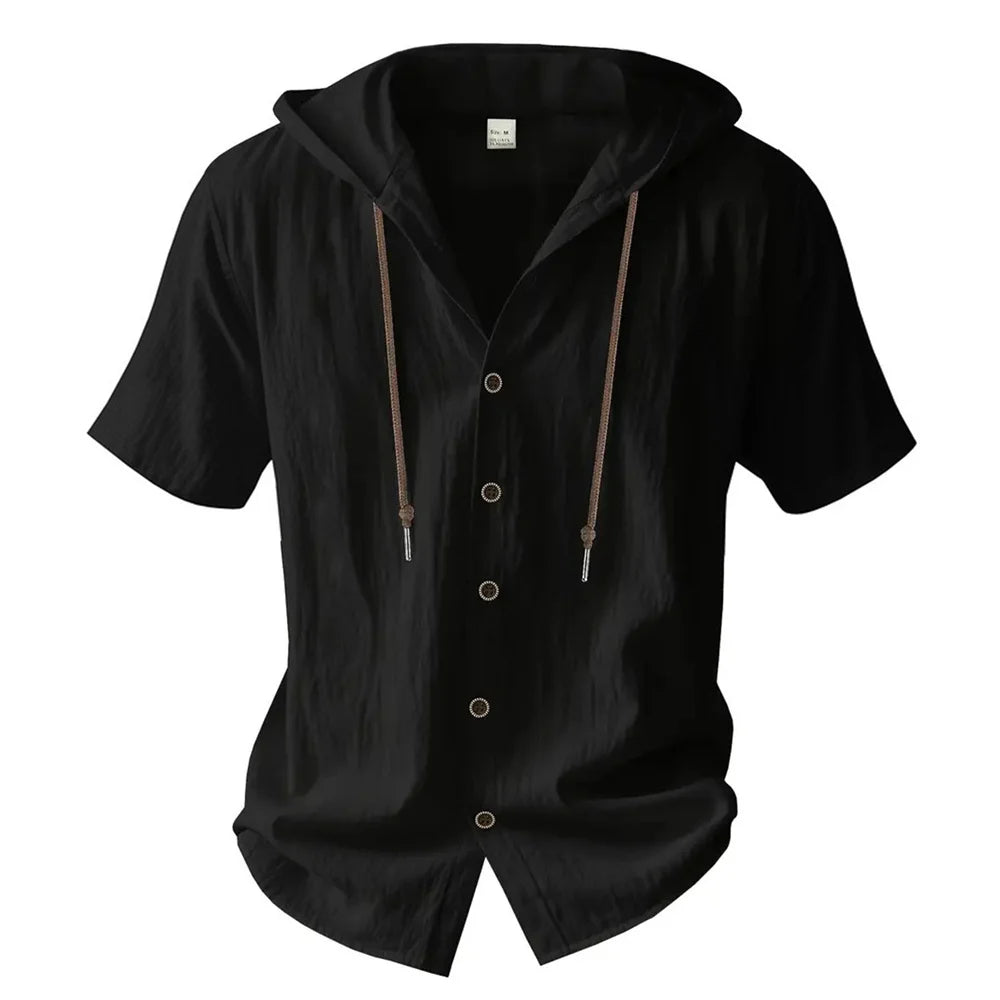 Cotton Linen Shirt for Men Hooded Short Sleeve Solid Color Breathable Lightweight Drawstring Design Shirts Casual Basic Tees — image 2