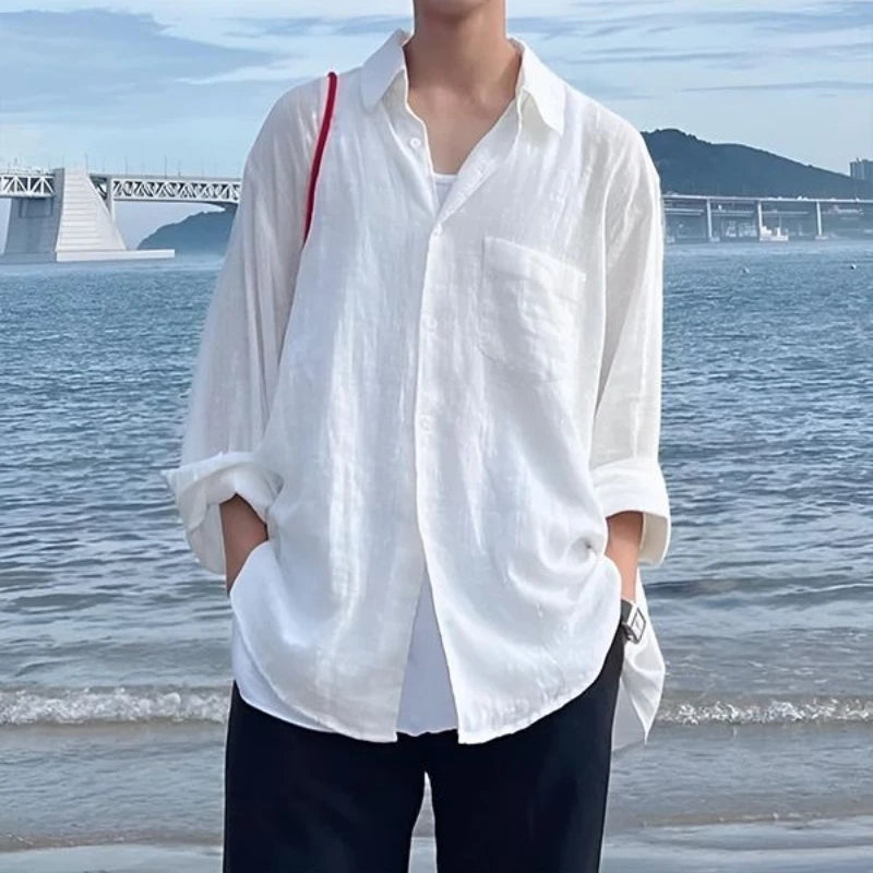 Men's Shirt Premium Thin White Loose Breathable Shirt Loose Long Sleeve Sun Protection Tees Lightweight Vacation Pockets Shirts — image 3