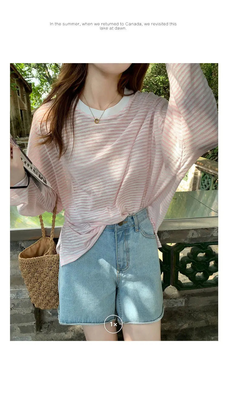 Women's Clothing  Casual T Shirt Summer 2025 Long-sleeved Fashion Korean Style Loose Striped Sunscreen Casual T Shirt — image 14