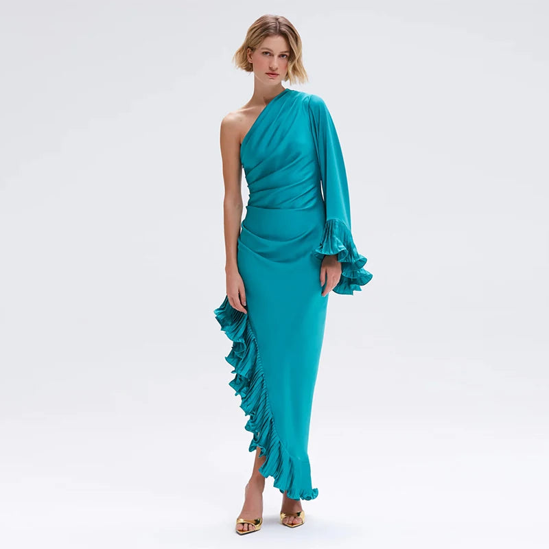 Women's Dresses Elegant Party Dress Satin One-Shoulder Ruffled Midi Dress Sexy Elegant Formal Gown Woman Clothes New Outerwear — image 7