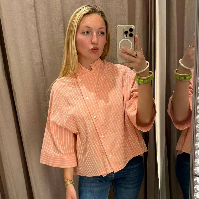 Women's Pink Striped Shirts Summer Asymmetric Button Mid Sleeve Loose Fit Shirts Casual Office Look Vintage Elegant Female Tops — image 11