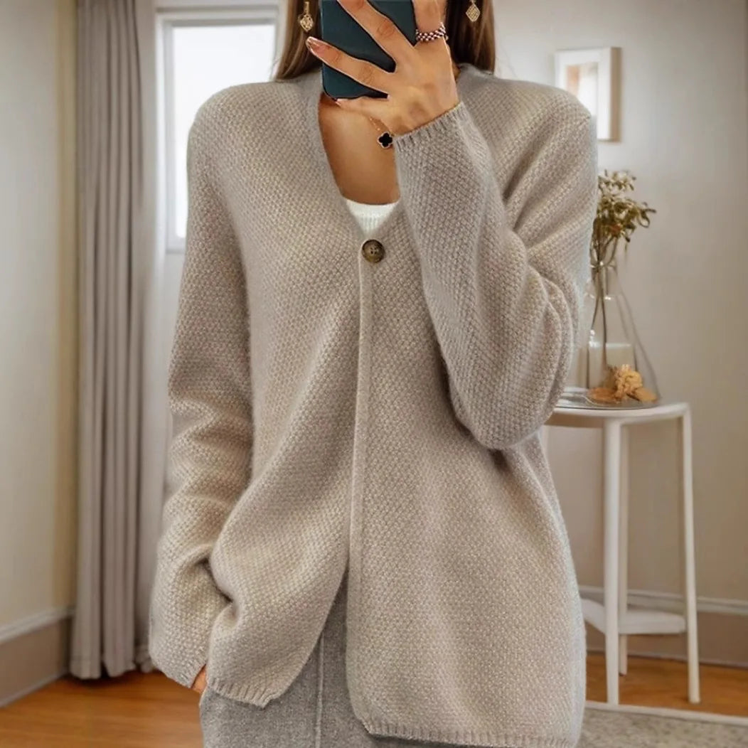 Women's Clothing 2025 Autumn Winter New V-neck Solid Color Long-sleeved Knitted Cardigan for Women's Simple One-button Jacket — image 5