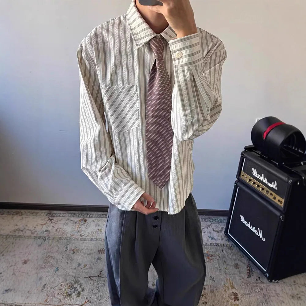 Striped Shirt Men's Spring and Autumn High-end Right Shoulder Long-sleeved Shirt Cleanfit Sun Protection Jacket — image 3
