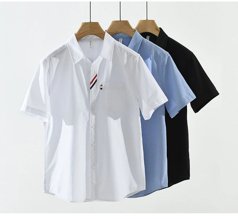 Men's 100% Cotton Short-Sleeve Shirt – Classic Turn-Down Collar, Slim Fit with Chest Pocket & Striped Detail — image 9