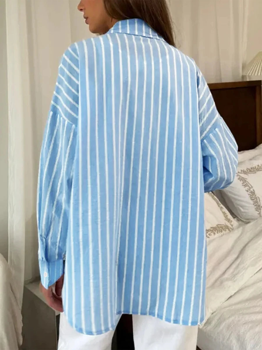 Women Striped Shirts Long Sleeve Casual Loose Button Up Blouses Turn Down Collar Tops Spring Autumn Office Lady Clothes Blusas — image 2