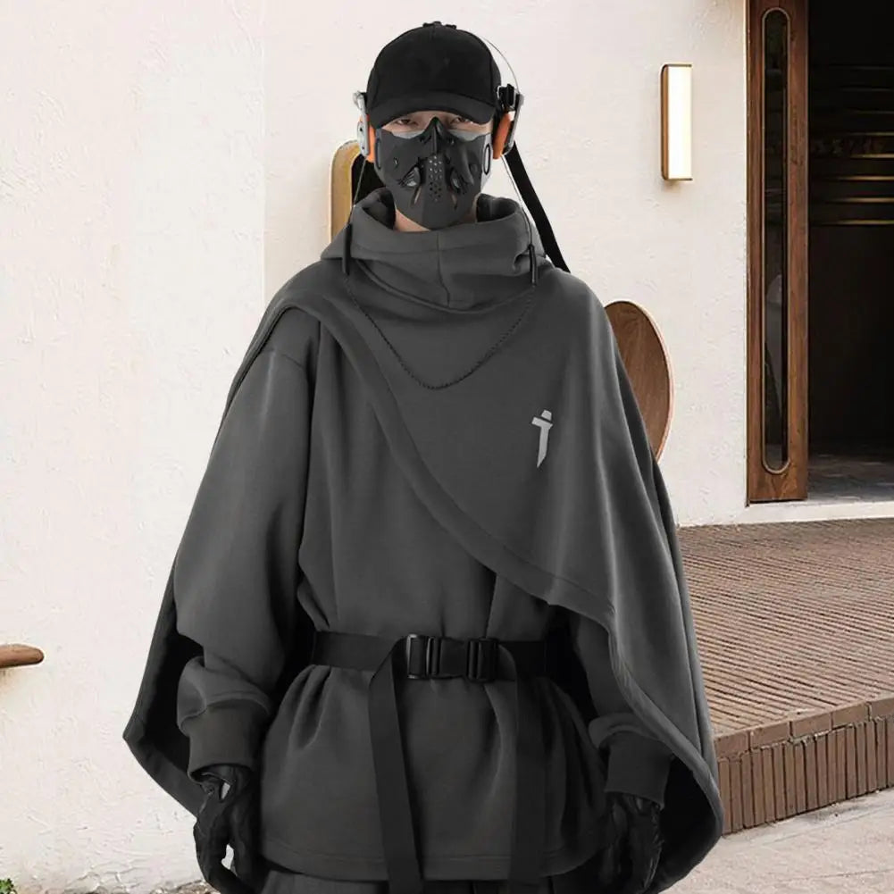 Men Hoodie Fake Two-piece Poncho Multi-Layered Irregular Mechanical Style Hoodie High Collar Batwing Sleeve Street Wear Hoodie — image 17