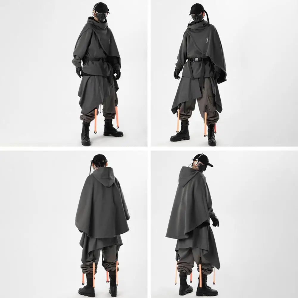 Men Hoodie Fake Two-piece Poncho Multi-Layered Irregular Mechanical Style Hoodie High Collar Batwing Sleeve Street Wear Hoodie — image 15