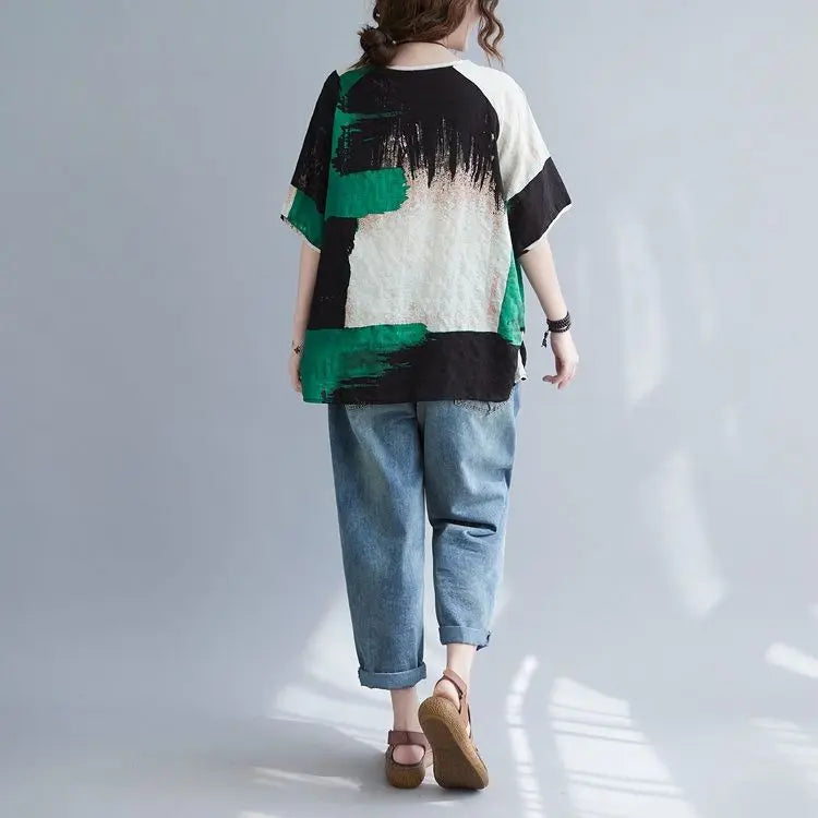 Women Clothing 2025 New Summer Clothing New Style Retro Loose Cotton Linen Short-sleeved T-shirt Top — image 5