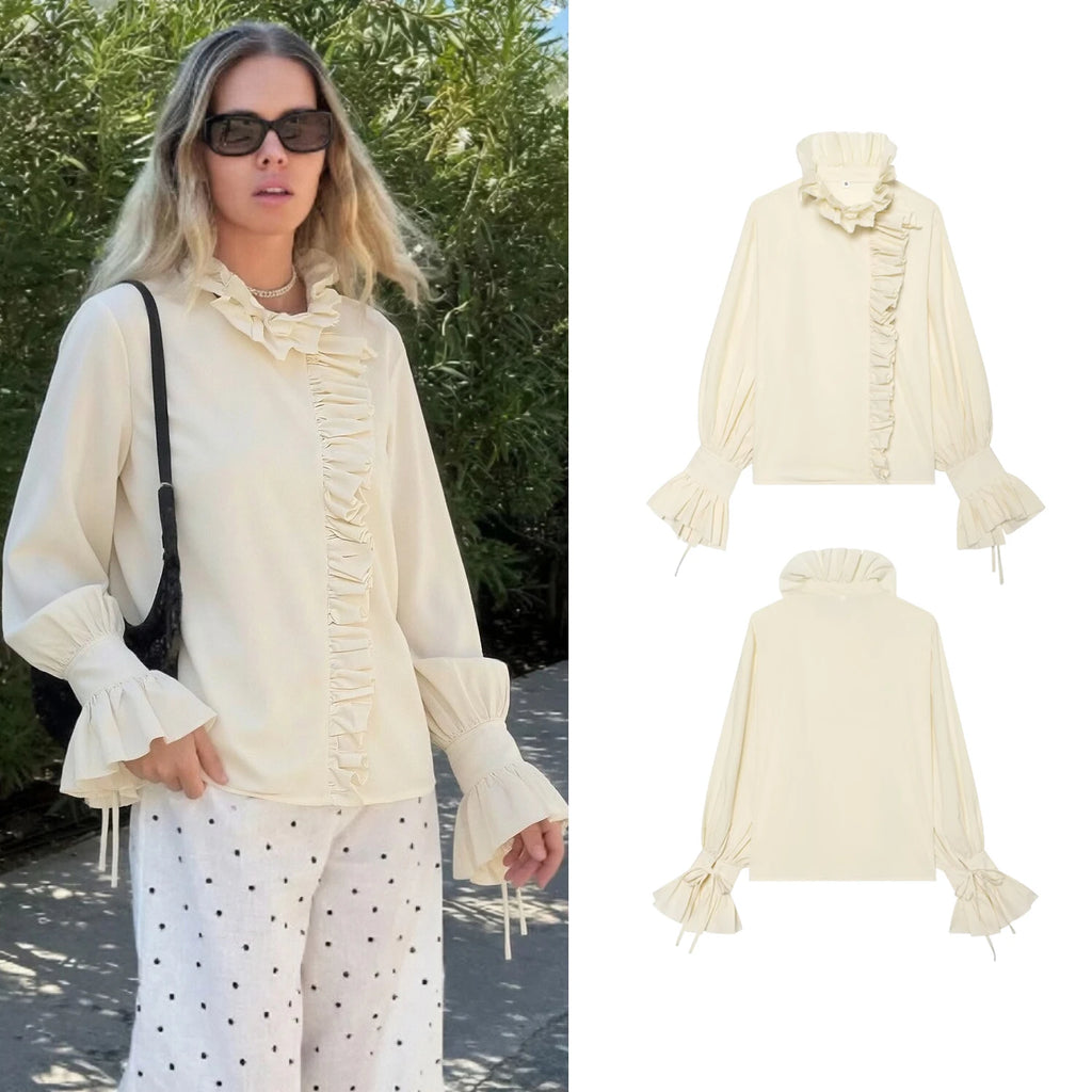 Women Elegant Vintage White Shirts Spring Summer Female Ruffles Stand Blouses Top Lady Korean Long Sleeve High Street Casual Top — image 1