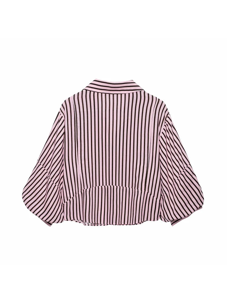 Women Striped Shirts For Women Vintage Elegant Puff Sleeve Summer New High Street Clothes Leisure Single-breasted Lapel Blouse — image 2