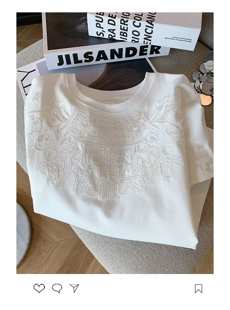 Women Clothing Summer Fashion Vintage Embroidery White Cotton Basic T Shirt Female Simple Casual O Neck Short Sleeve Loose Tops — image 13