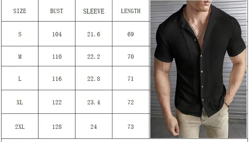 New Men's Shirts Spring Summer Fashion Casual Slim Fit Top Short Sleeved Solid Color Striped Waffle Shirt For Man Clothing — image 7