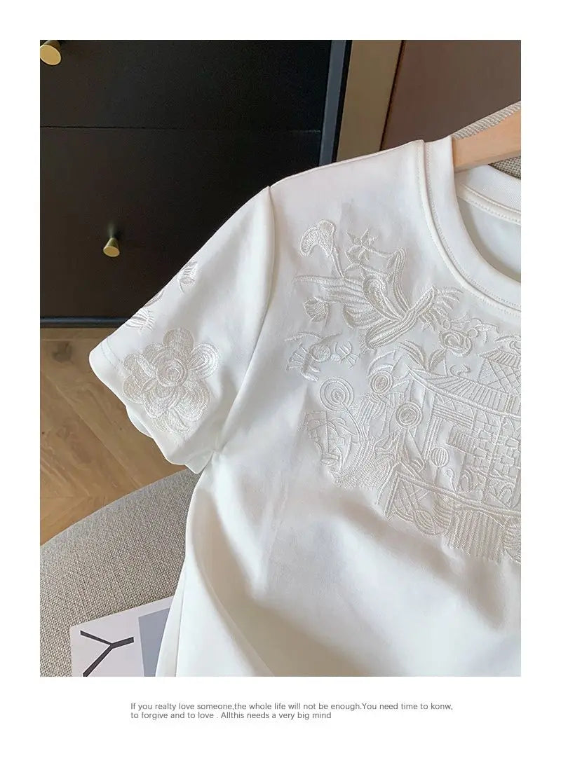 Women Clothing Summer Fashion Vintage Embroidery White Cotton Basic T Shirt Female Simple Casual O Neck Short Sleeve Loose Tops — image 15