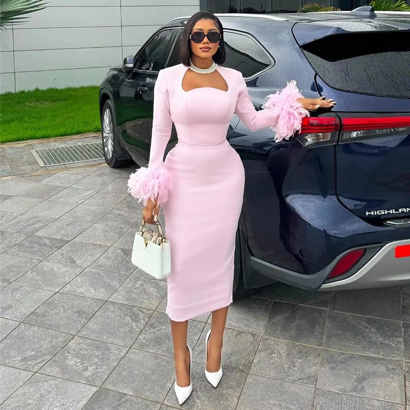 Women's Clothing 2024 Autumn New Item Sweet and Fresh Square Neck Long Sleeved Feather Decoration High Waist Slimming Dress — image 17