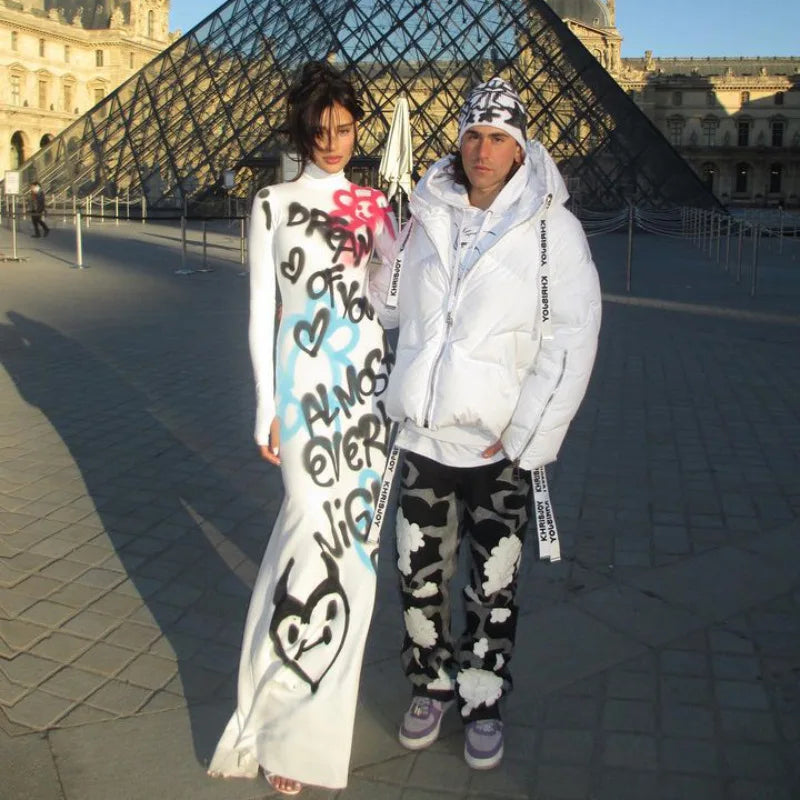 Women's Clothing 2025 New Fashion Fashionable High-neck Color-blocked Graffiti Long-sleeved Hip-hugging Close-fitting Long Dress — image 3