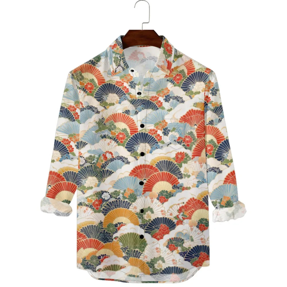 Hawaiian Men Shirts Cultural Crane Clouds Wave Printed Full Sleeve Button Up Casual Vacay Beach Parties Travel Poolside Shirt — image 1