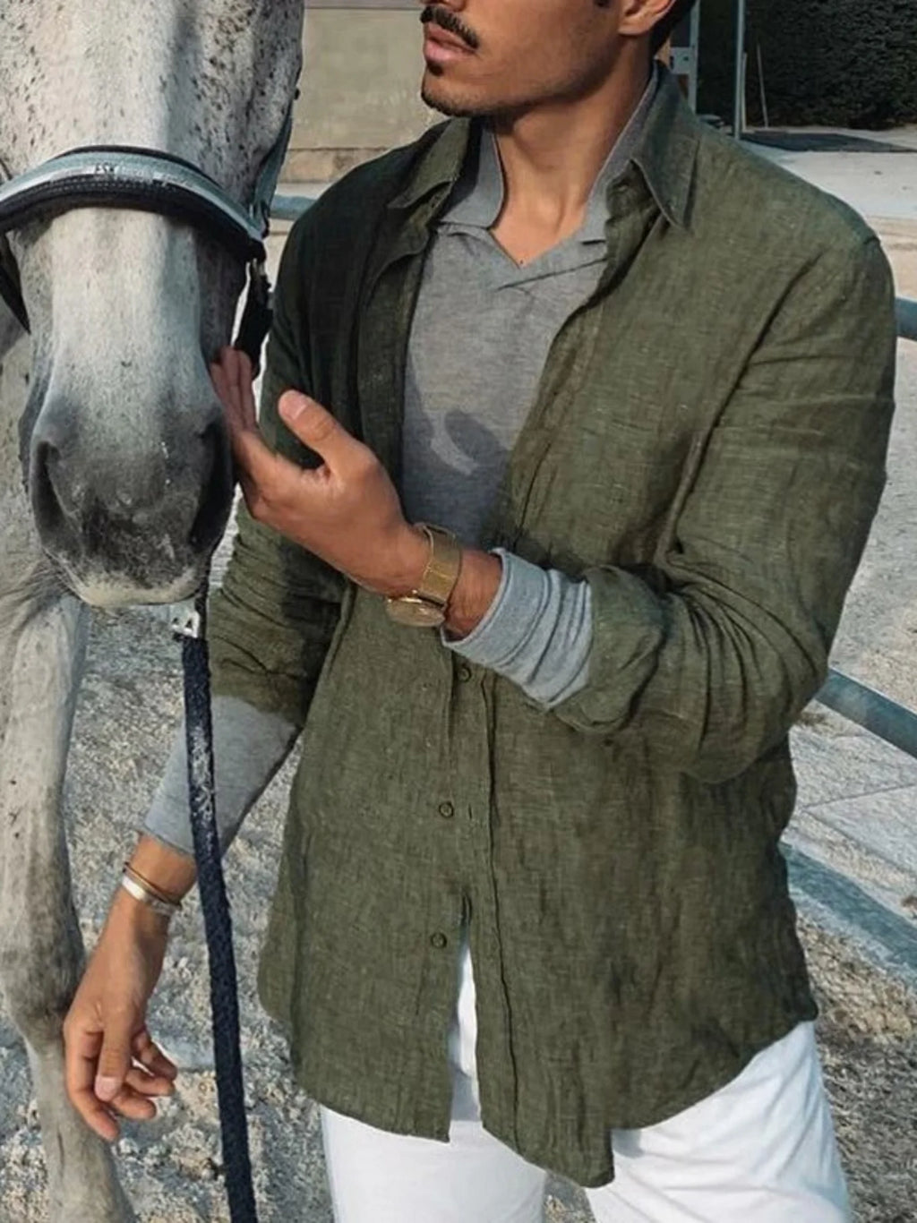 Men's casual fashion solid color thin long-sleeved shirt, lapel cardigan, suitable for outdoor activities — image 2