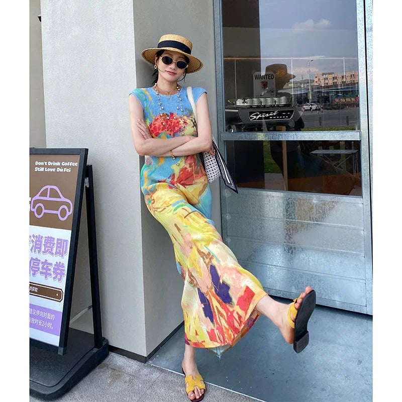 Womens Dresses Woman Clothes  Miyake High-grade Pleated Print Dress Chinese National Style Cheongsam Skirt Fishtail Skirt Summer — image 5