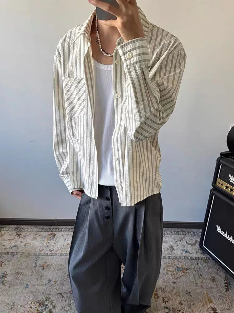 Striped Shirt Men's Spring and Autumn High-end Right Shoulder Long-sleeved Shirt Cleanfit Sun Protection Jacket — image 12