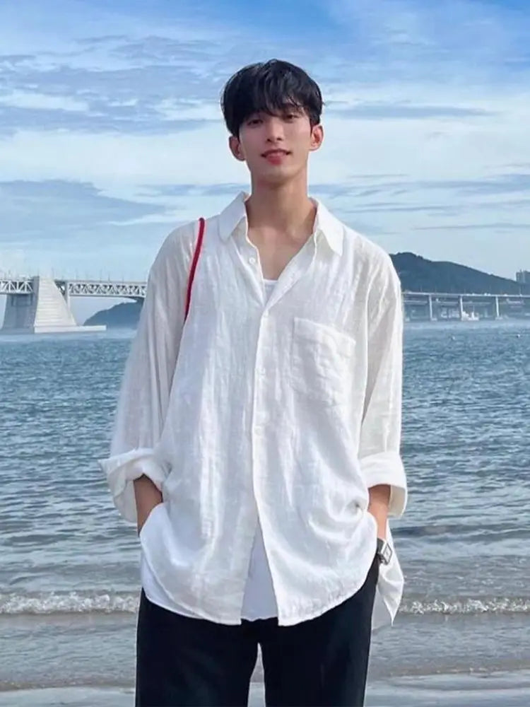 Men's Shirt Premium Thin White Loose Breathable Shirt Loose Long Sleeve Sun Protection Tees Lightweight Vacation Pockets Shirts — image 10