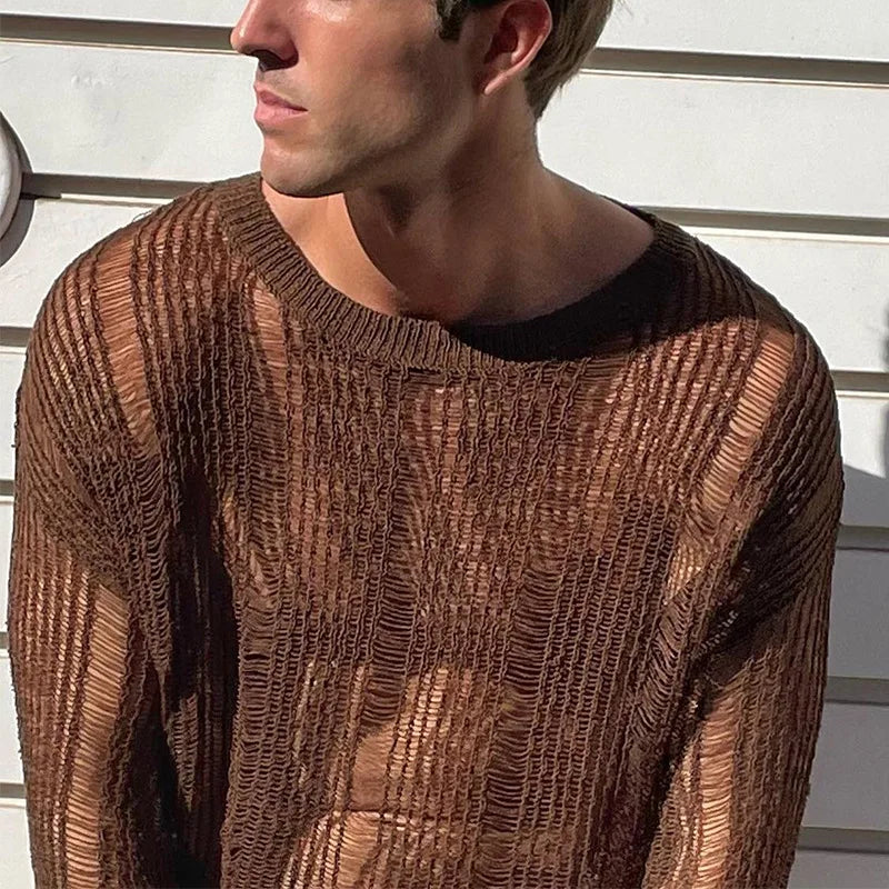 Mens T Shirts New Fashion Woven Solid Color Mesh Top Knit Slim Shirt Long Sleeve Sexy T-shirt Bottoming Streetwera Men — image 14