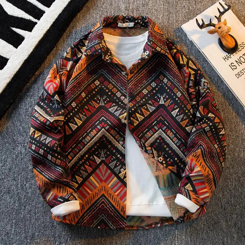 Men's high-density woven shirt men's high-end retro ethnic style long sleeved shirt trendy clothing jacket men clothing shirt — image 2