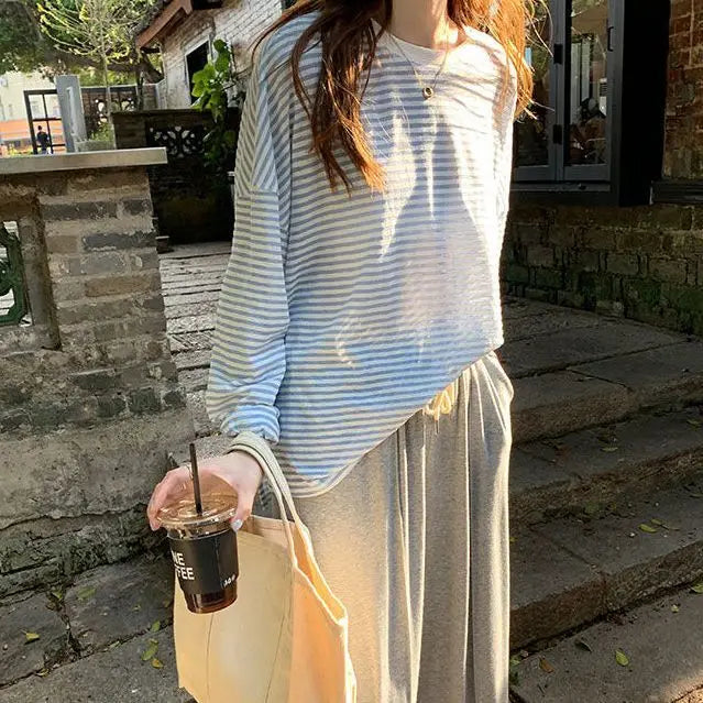 Women's Clothing  Casual T Shirt Summer 2025 Long-sleeved Fashion Korean Style Loose Striped Sunscreen Casual T Shirt — image 2