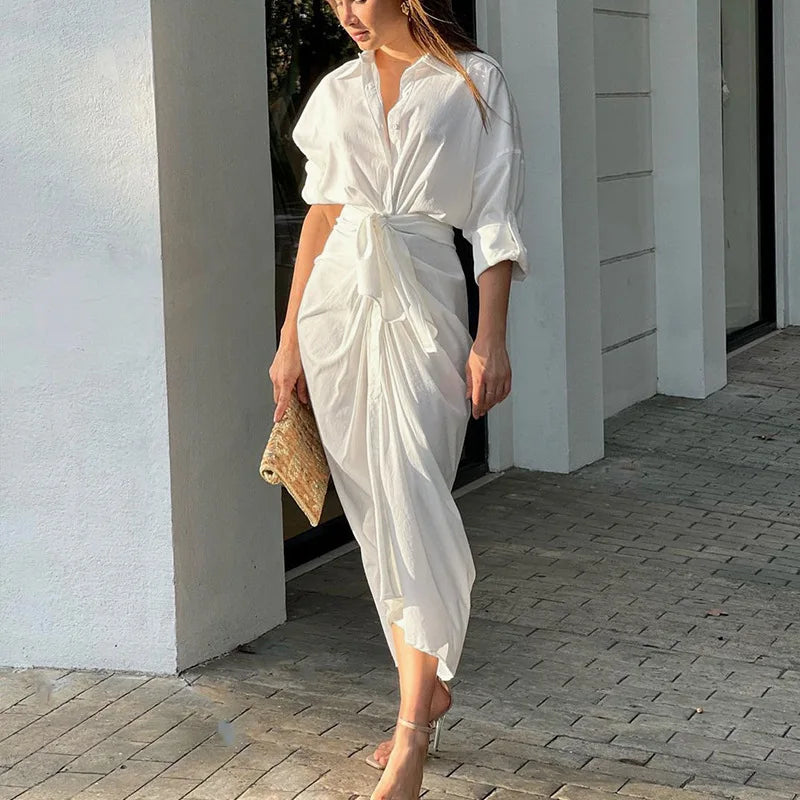 Women's Clothing 2025 Summer New Fashion Solid Color Long-sleeved Medium and Long Shirt Dress — image 1