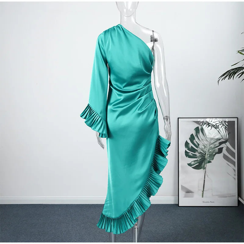 Women's Dresses Elegant Party Dress Satin One-Shoulder Ruffled Midi Dress Sexy Elegant Formal Gown Woman Clothes New Outerwear — image 8
