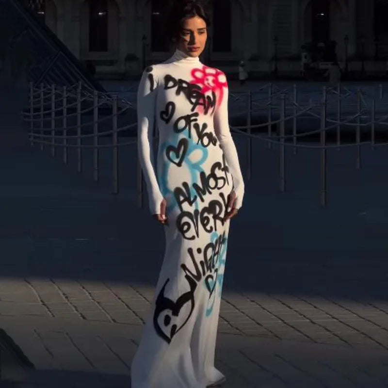 Women's Clothing 2025 New Fashion Fashionable High-neck Color-blocked Graffiti Long-sleeved Hip-hugging Close-fitting Long Dress — image 9