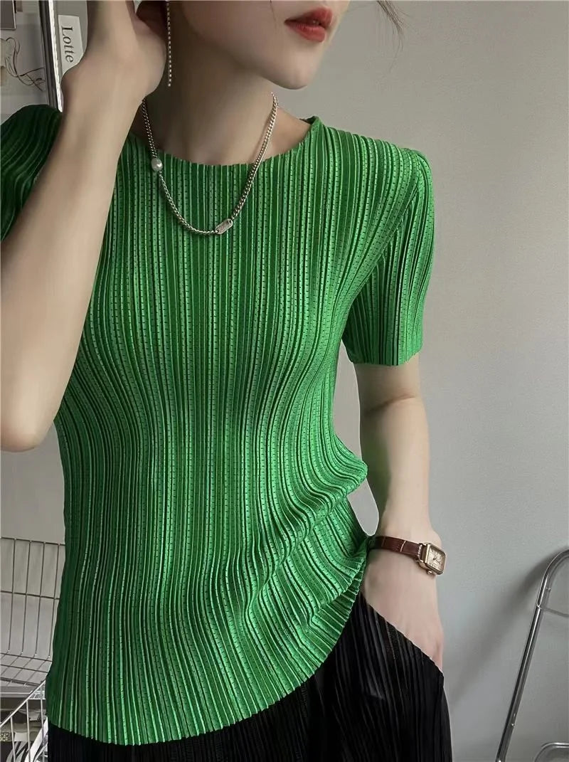 Woman Clothing  Top Women Miyake Pleated Short-sleeved Female Summer Thin Elastic Round Neck Joker Slim Pleated Hollow T-shirt — image 15