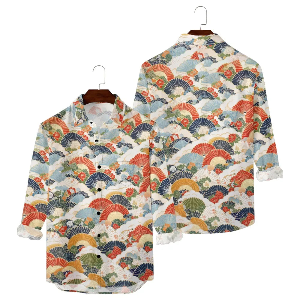 Hawaiian Men Shirts Cultural Crane Clouds Wave Printed Full Sleeve Button Up Casual Vacay Beach Parties Travel Poolside Shirt — image 4